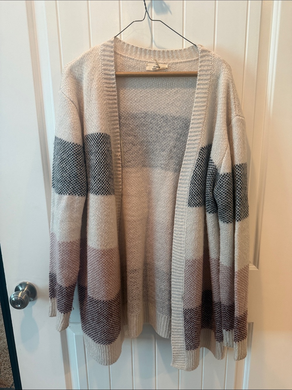 entro Open-Front Striped Cardigan in Cream, Gray & Mauve